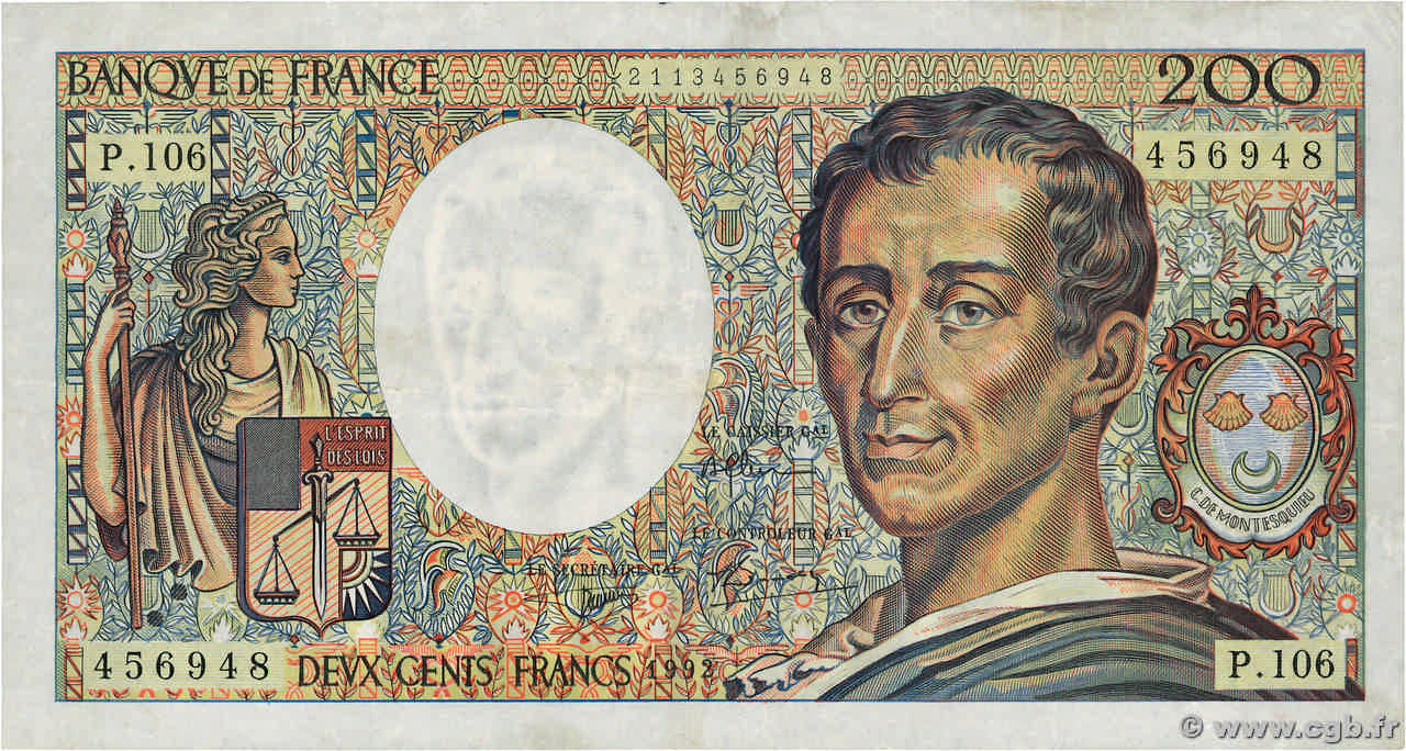 200 Francs MONTESQUIEU FRANCE  1992 F.70.12a F+