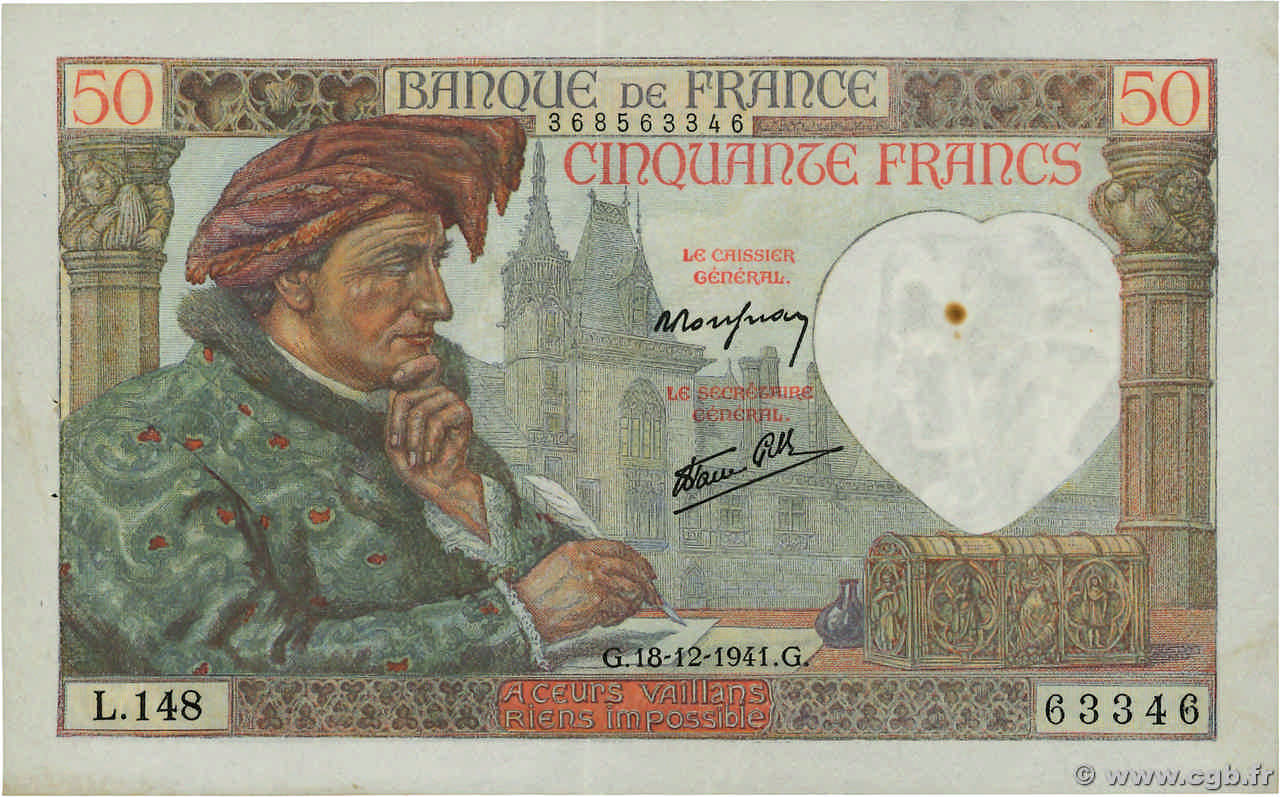 50 Francs JACQUES CŒUR FRANCE  1941 F.19.17 TTB
