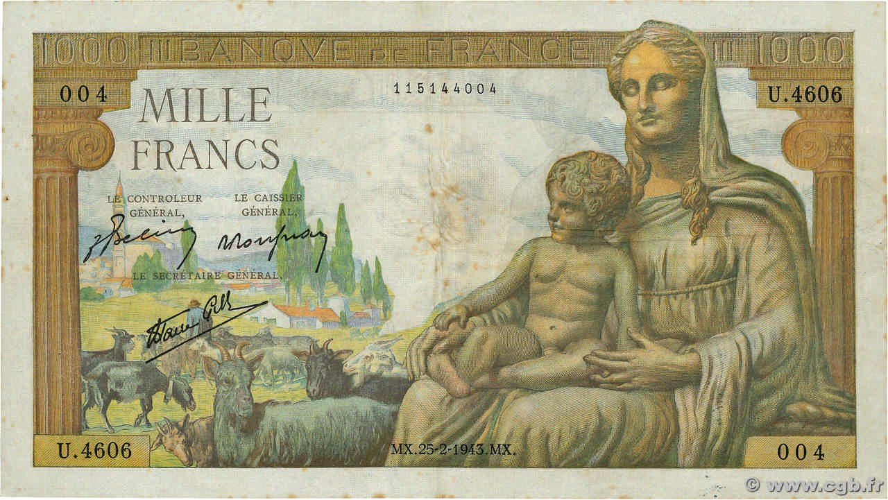1000 Francs DÉESSE DÉMÉTER FRANCE  1943 F.40.20 TB