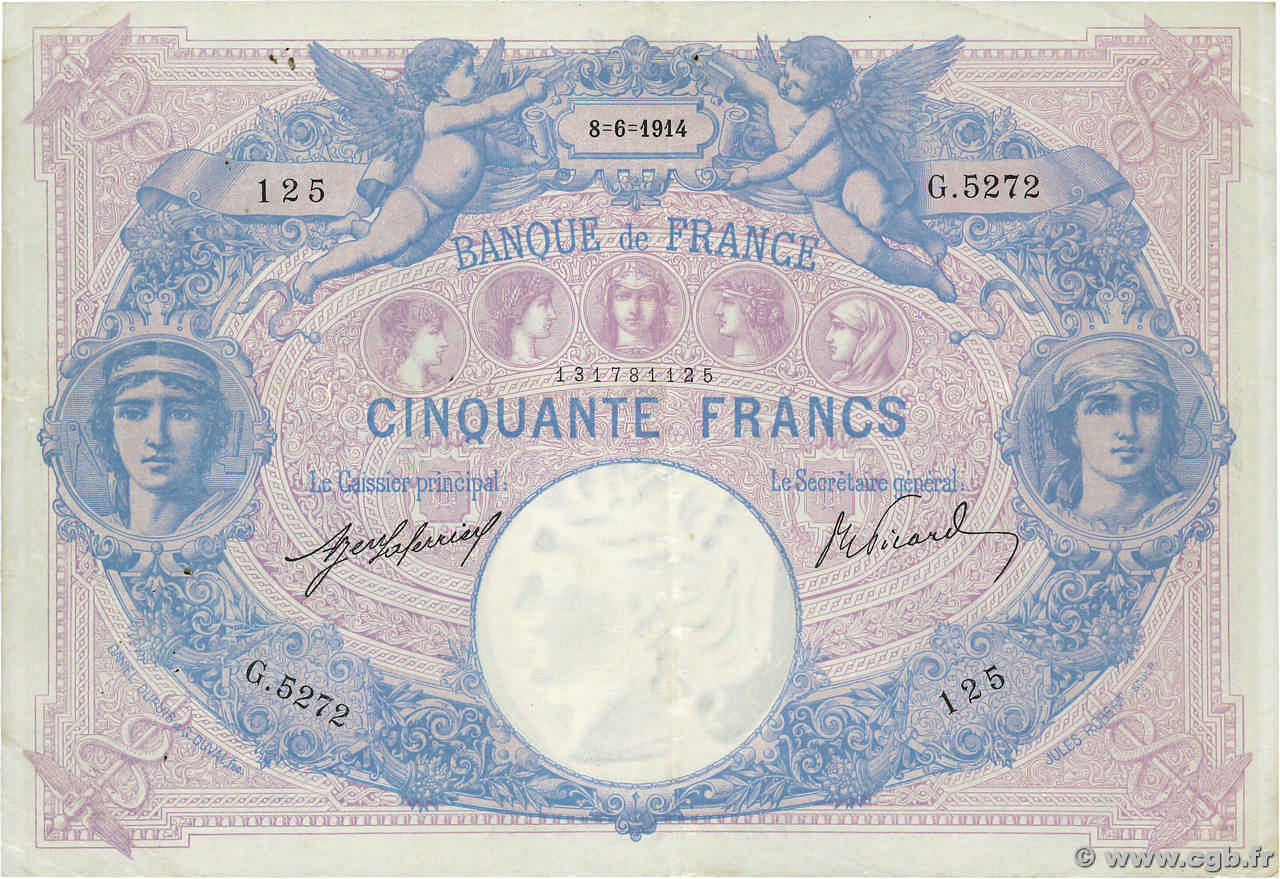 50 Francs BLEU ET ROSE FRANCE  1914 F.14.27 TB+