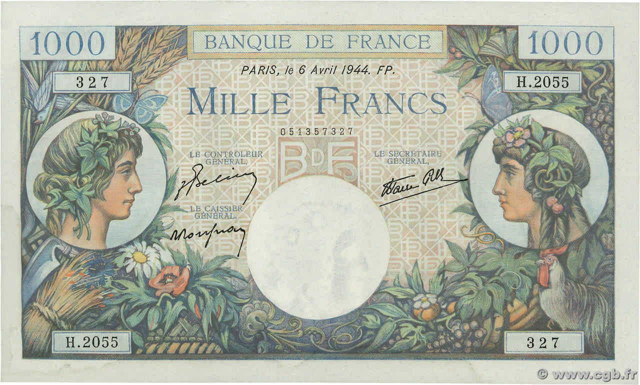 1000 Francs COMMERCE ET INDUSTRIE FRANCE  1944 F.39.05 SPL