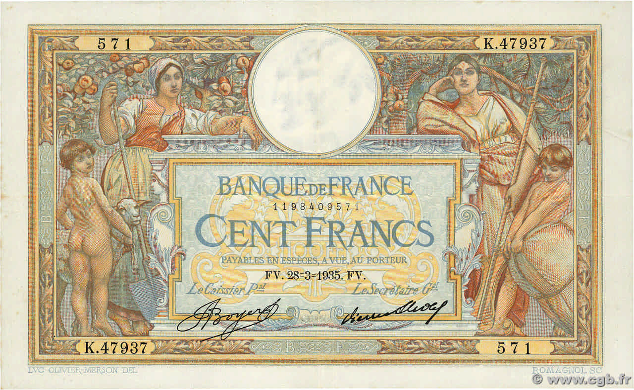 100 Francs LUC OLIVIER MERSON grands cartouches FRANCE  1935 F.24.14 TTB