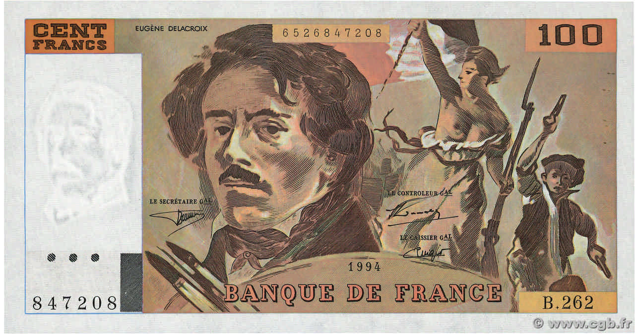 100 Francs DELACROIX 442-1 & 442-2 FRANCIA  1994 F.69ter.01b FDC