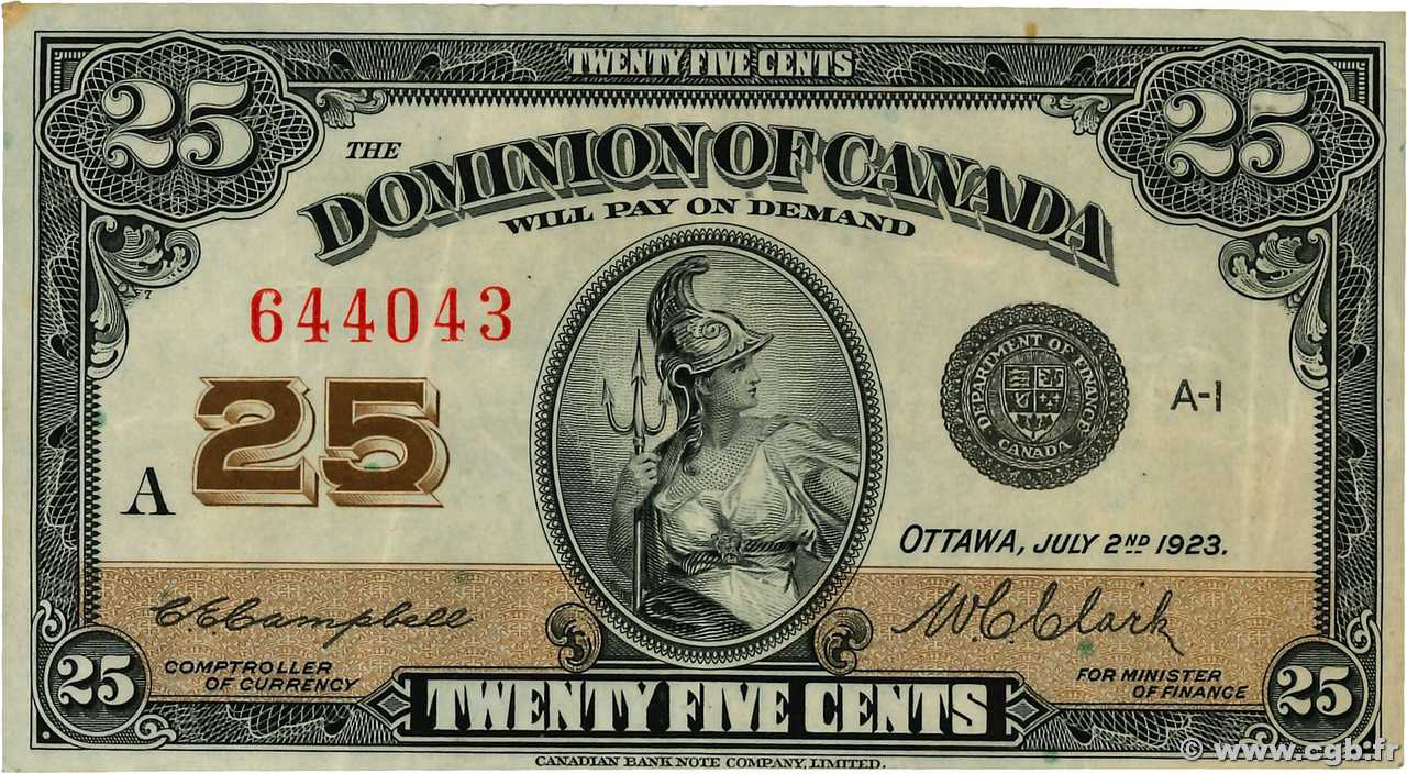 25 Cents CANADA  1923 P.011c TTB