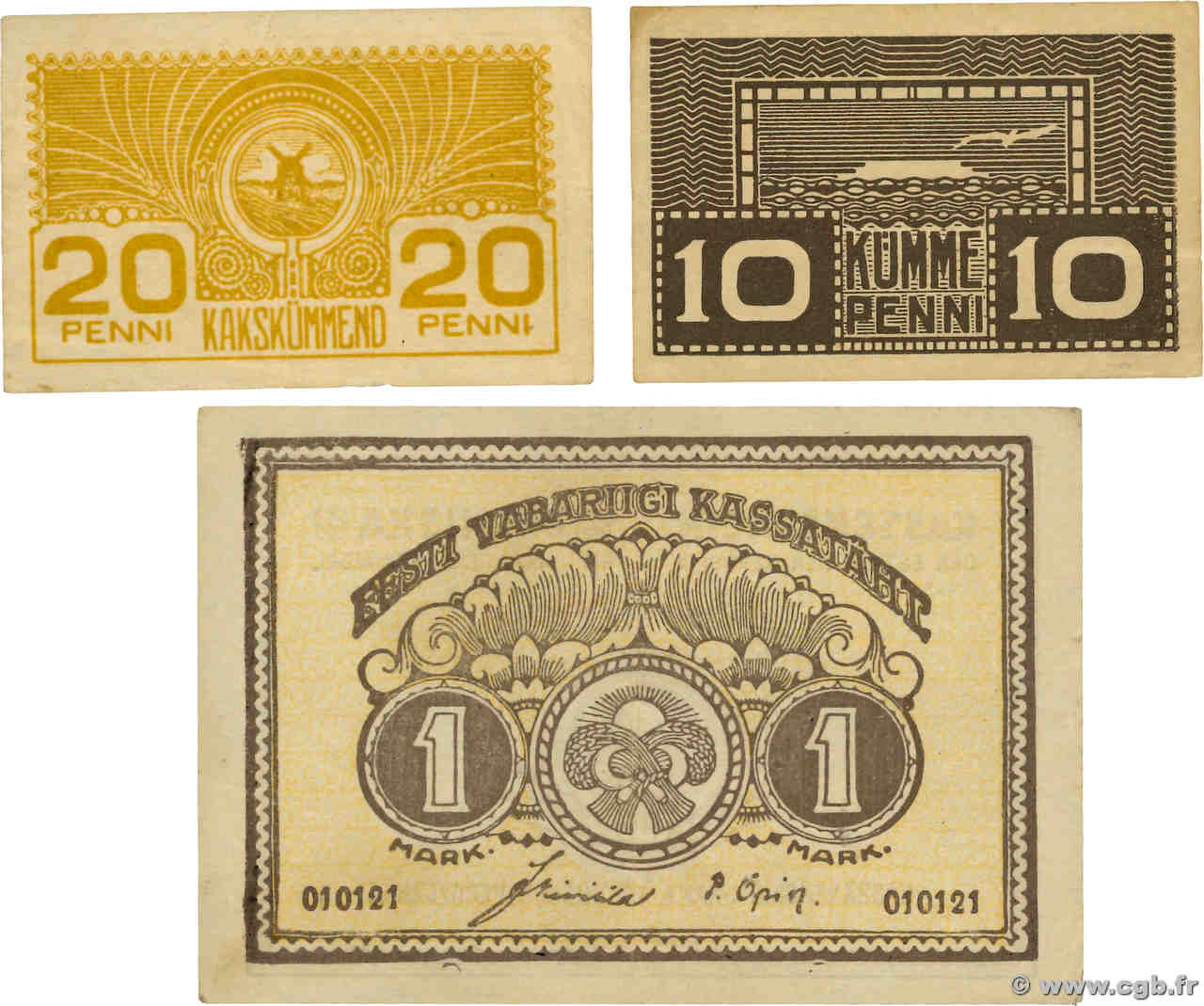 10, 20 Penni et 1 Marka Lot ESTONIE  1919 P.40a, P.41 et P.43 TTB