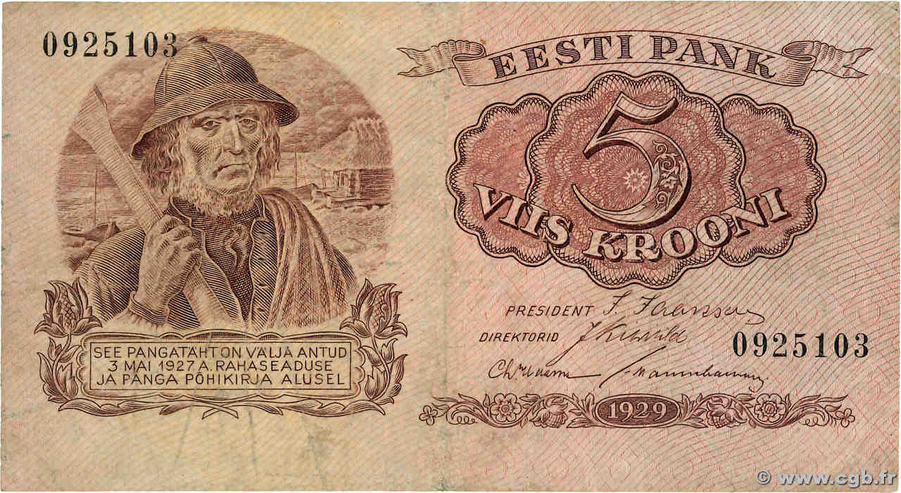 5 Krooni ESTONIE  1929 P.62a TB