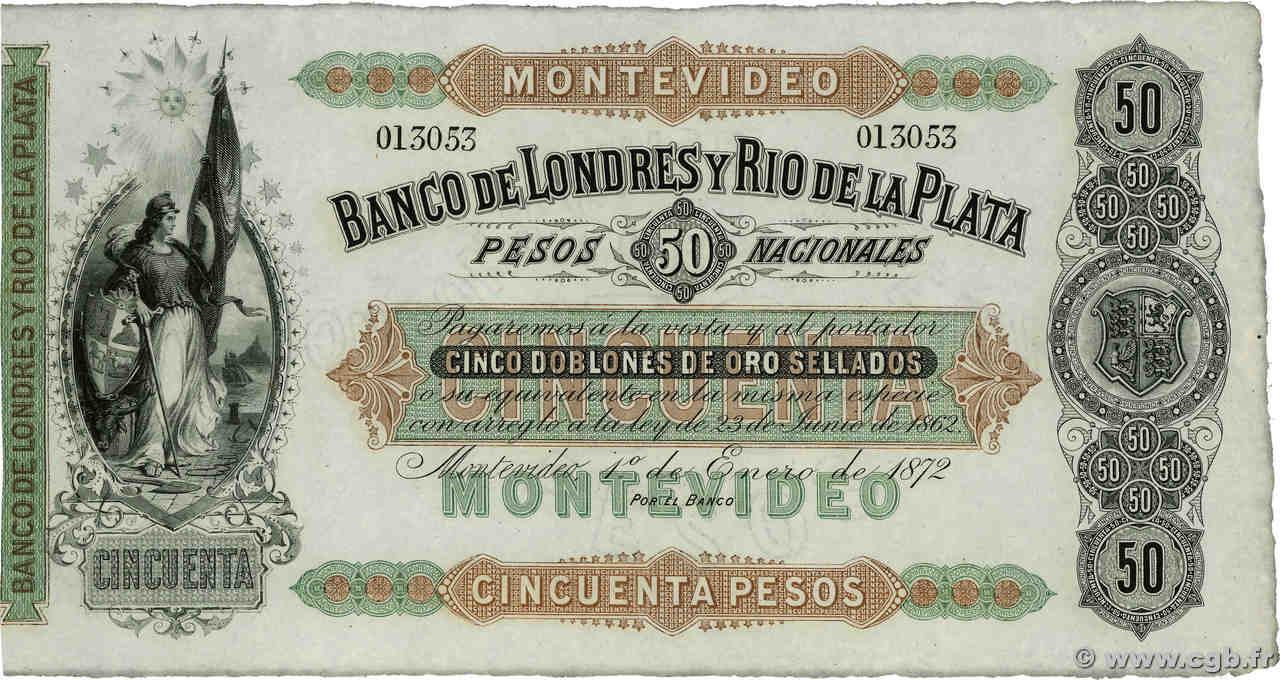 50 Pesos Non émis URUGUAY Montevideo 1872 PS.238r EBC