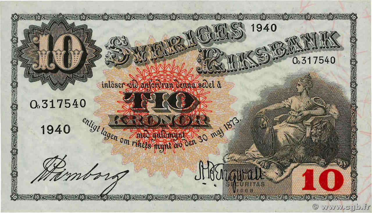 10 Kronor SUÈDE  1940 P.34w pr.NEUF