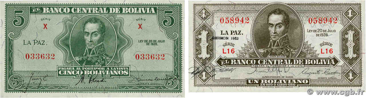 1 et 5 Bolivianos Lot BOLIVIE  1928 P.128c et P.129 NEUF
