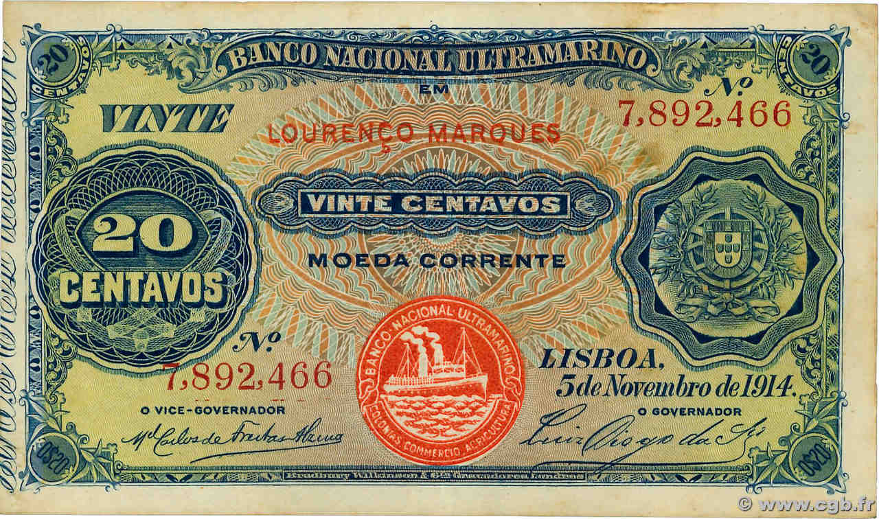 20 Centavos MOZAMBIQUE  1914 P.057 TTB+