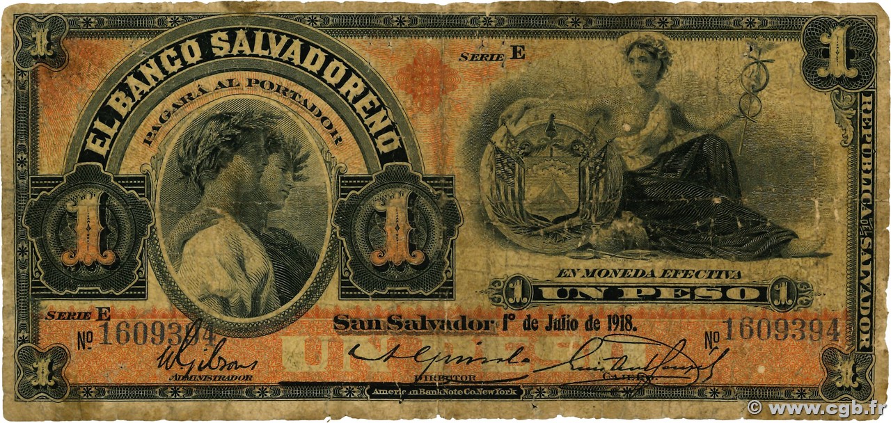 1 Peso EL SALVADOR  1918 PS.202c MC