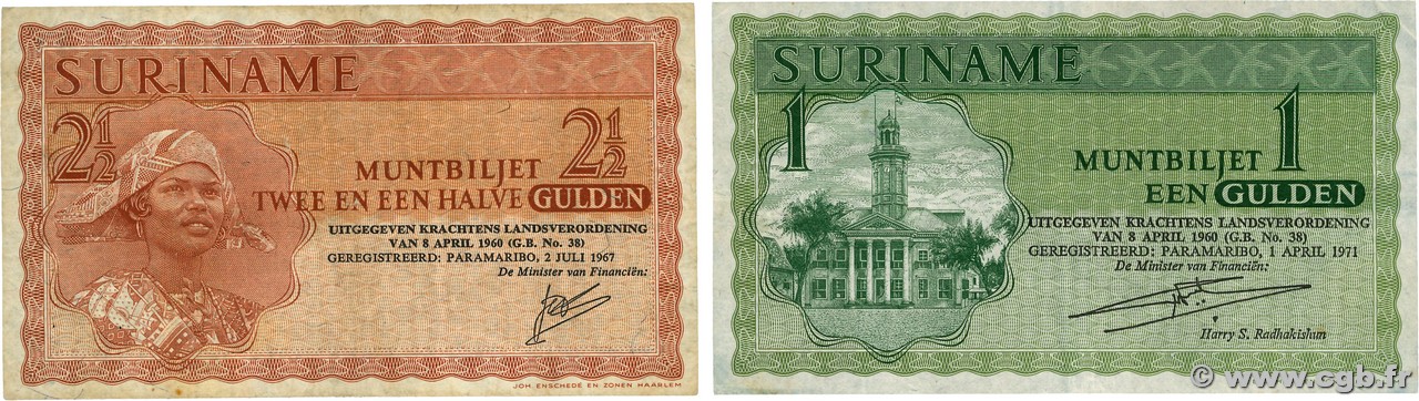 1 et 2,5 Gulden Lot SURINAM  1967 P.116b et P.117b TB