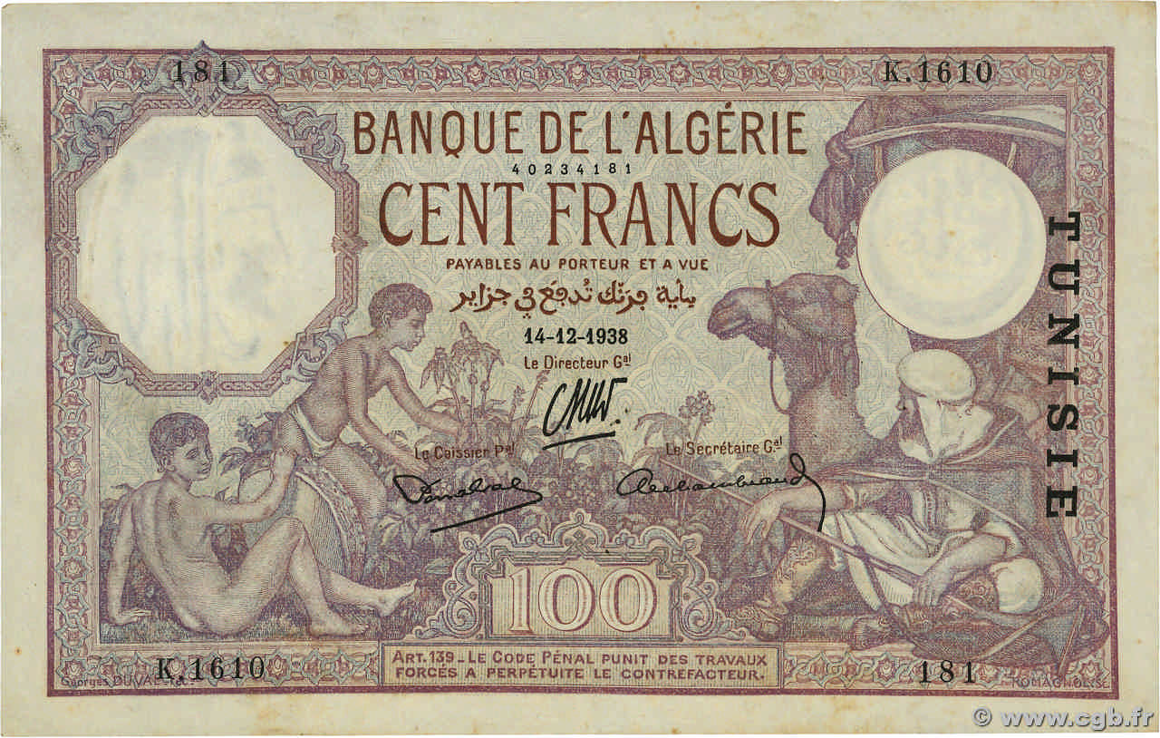 100 Francs TUNISIE  1938 P.10c pr.TTB