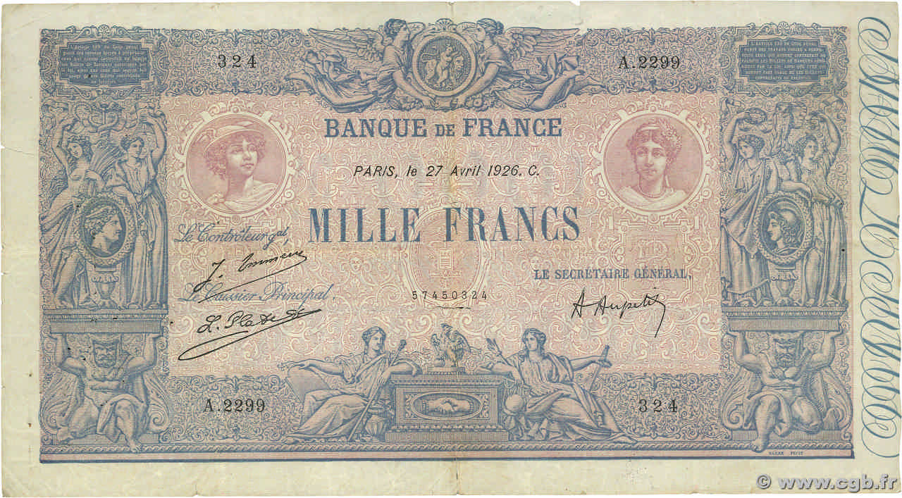 1000 Francs BLEU ET ROSE FRANCE  1926 F.36.42 VG