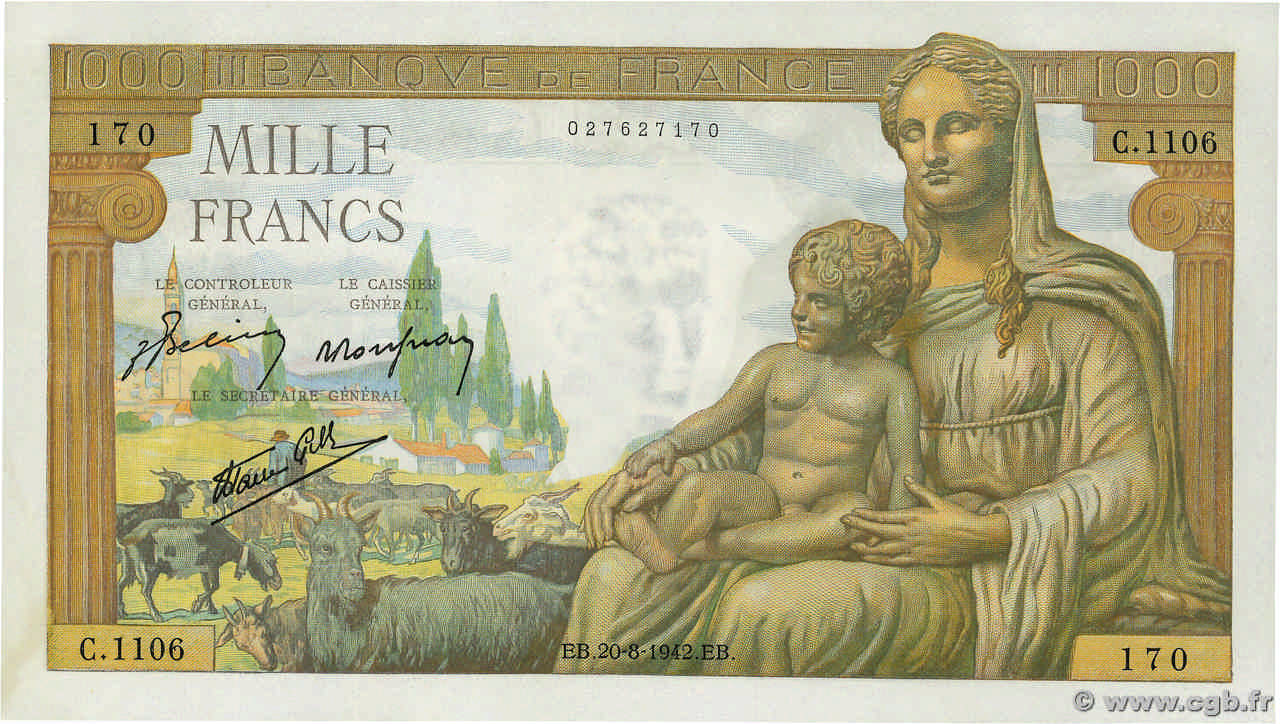 1000 Francs DÉESSE DÉMÉTER FRANCE  1942 F.40.05 UNC-