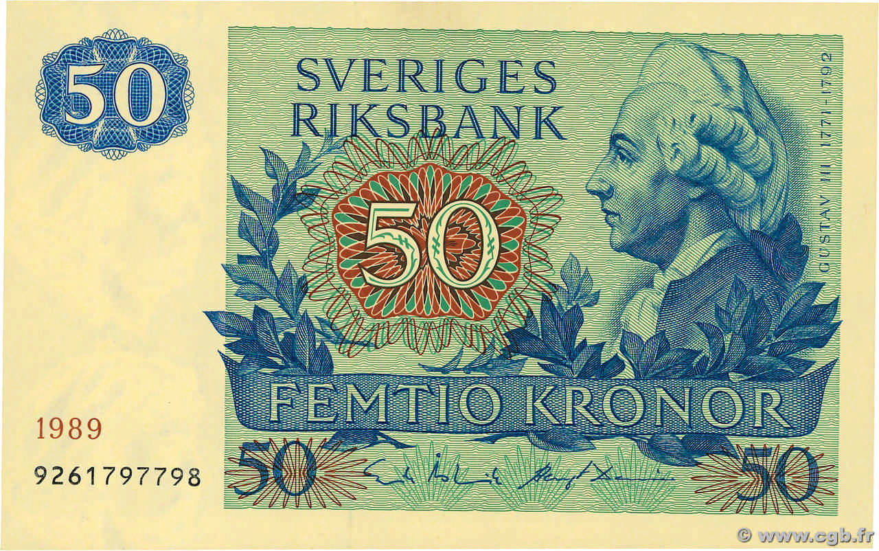 50 Kronor SUÈDE  1989 P.53d AU+