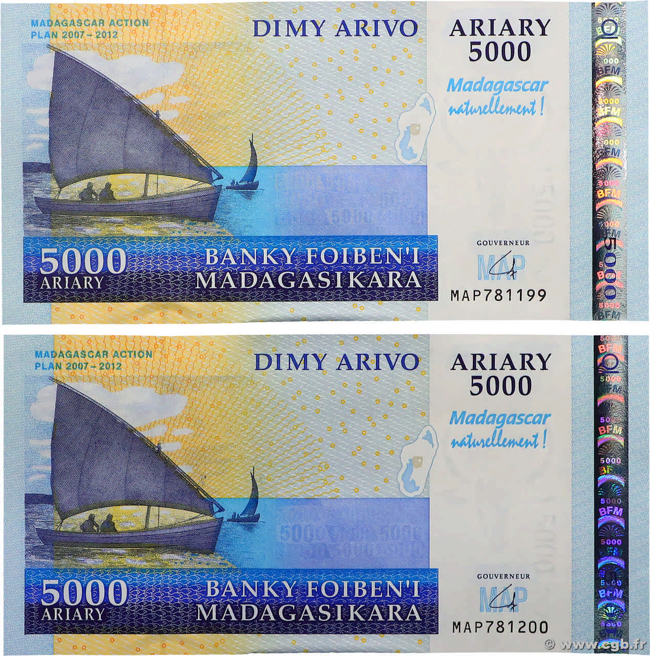 5000 Ariary Consécutifs MADAGASCAR  2007 P.094 AU+