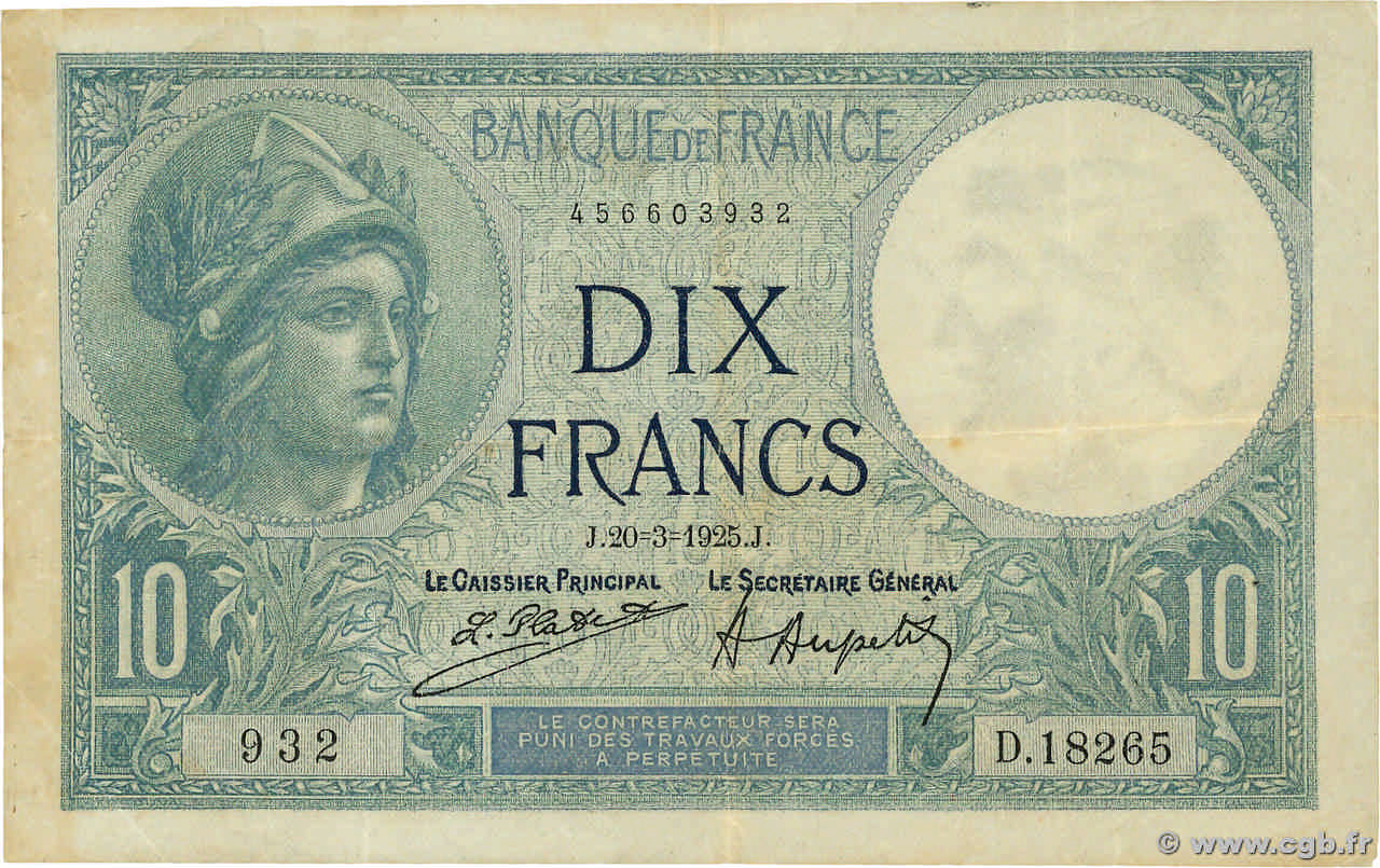 10 Francs MINERVE FRANCE  1925 F.06.09 TB+