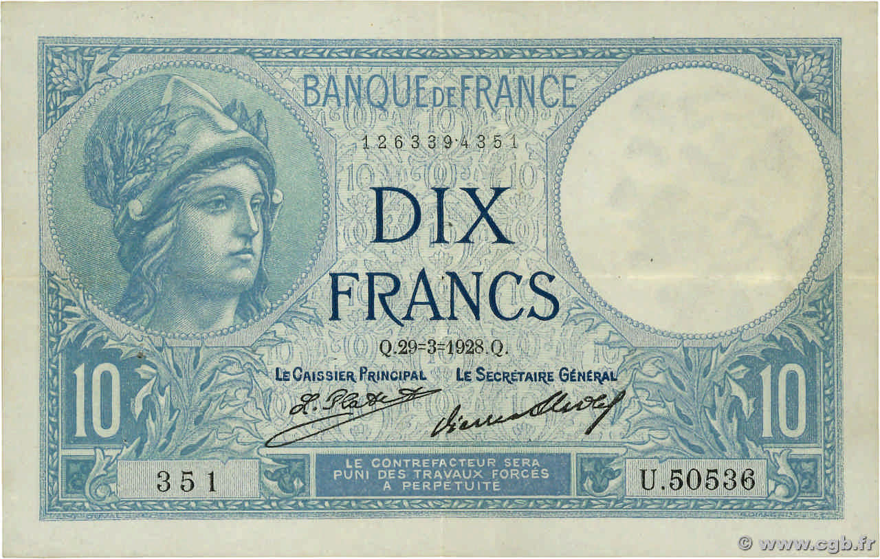 10 Francs MINERVE FRANKREICH  1928 F.06.13 SS