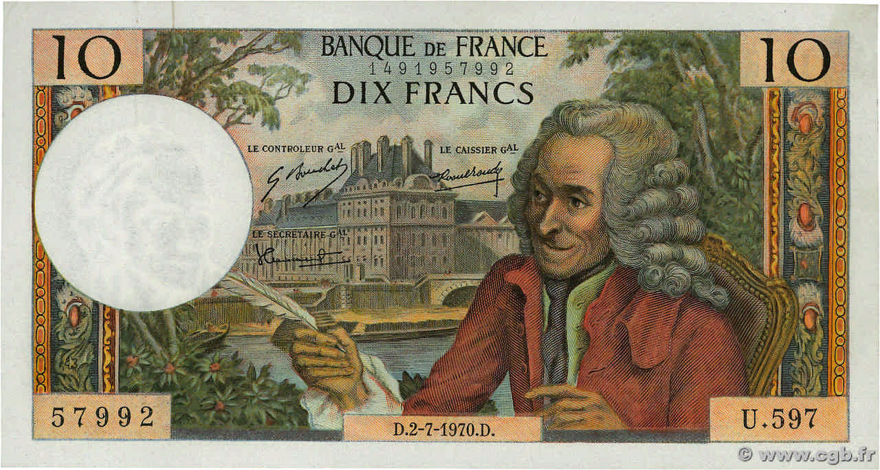 10 Francs VOLTAIRE FRANCIA  1970 F.62.45 AU+