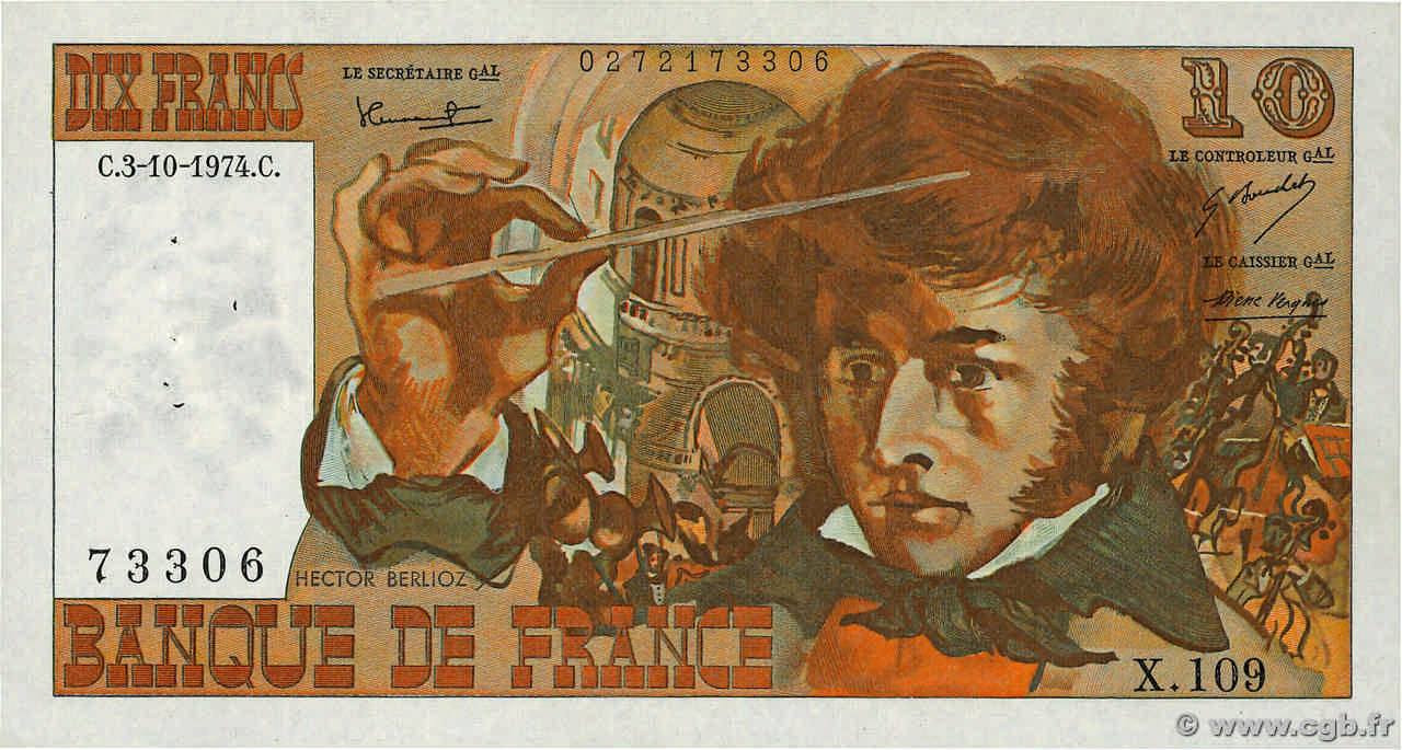 10 Francs BERLIOZ FRANCE  1974 F.63.07b TTB+