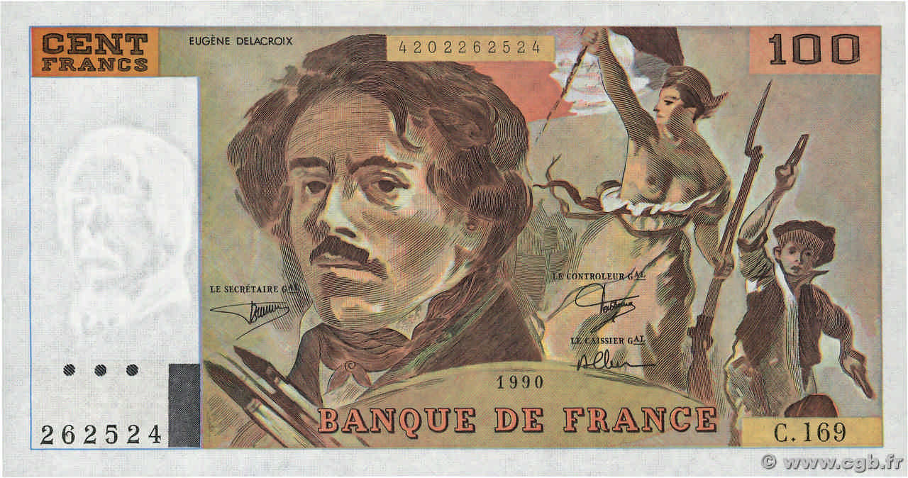 100 Francs DELACROIX imprimé en continu FRANCE  1990 F.69bis.02b UNC-