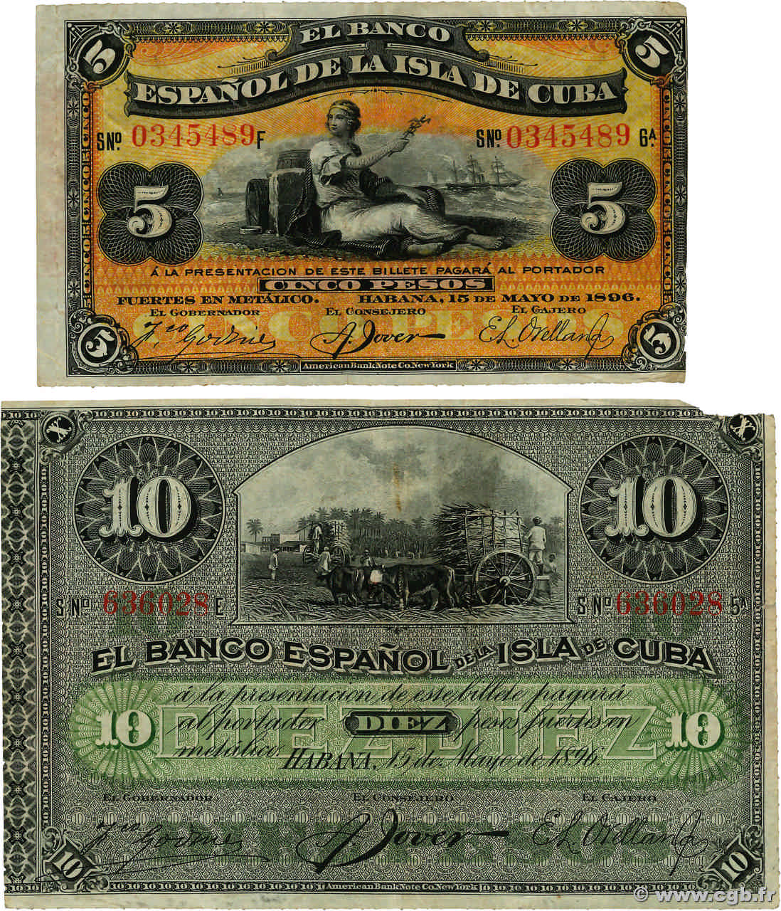 5 et 10 Pesos Lot CUBA  1896 P.048b et P.049d TB