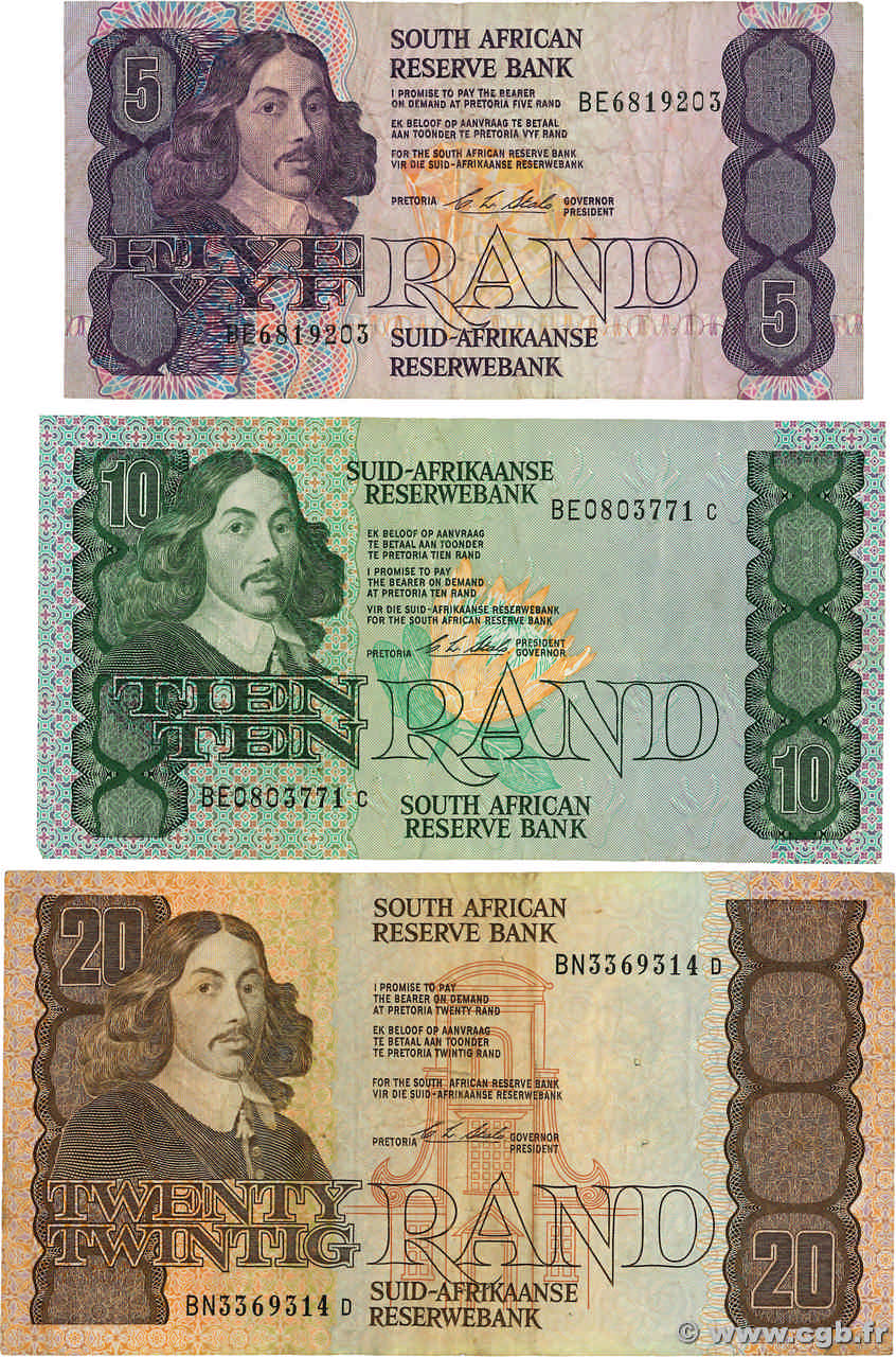 5, 10 et 20 Rand Lot AFRIQUE DU SUD  1982 P.119e, P.120e et P.121e TB