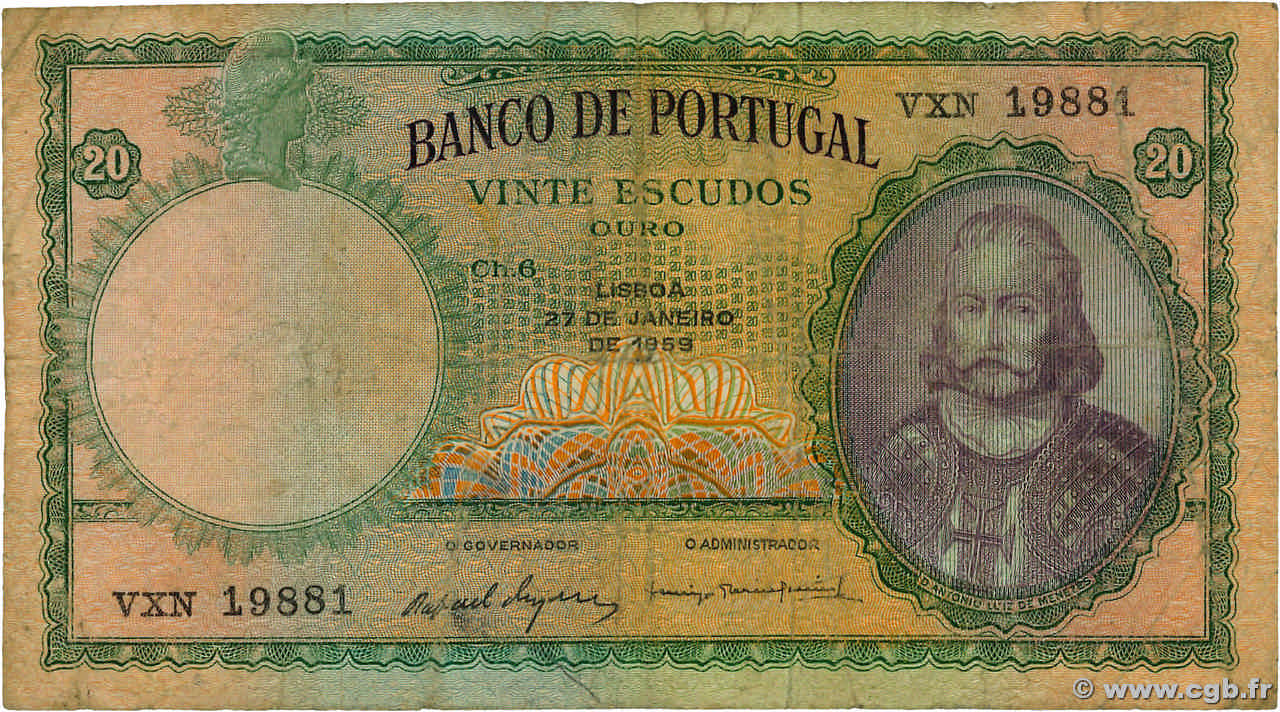 20 Escudos PORTUGAL  1959 P.153b B+