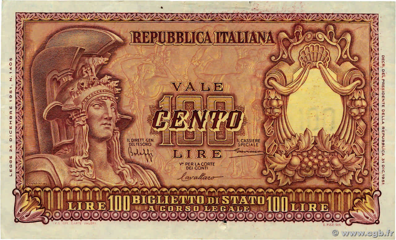 100 Lire ITALIE  1951 P.092a TB+