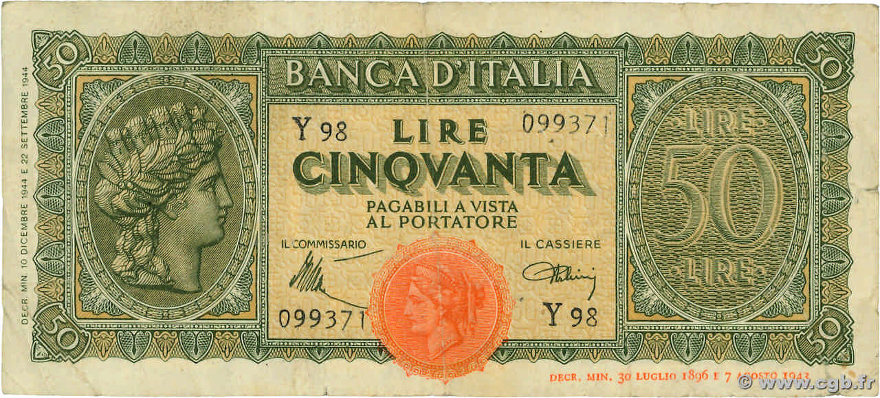 50 Lire ITALIE  1944 P.074 B+