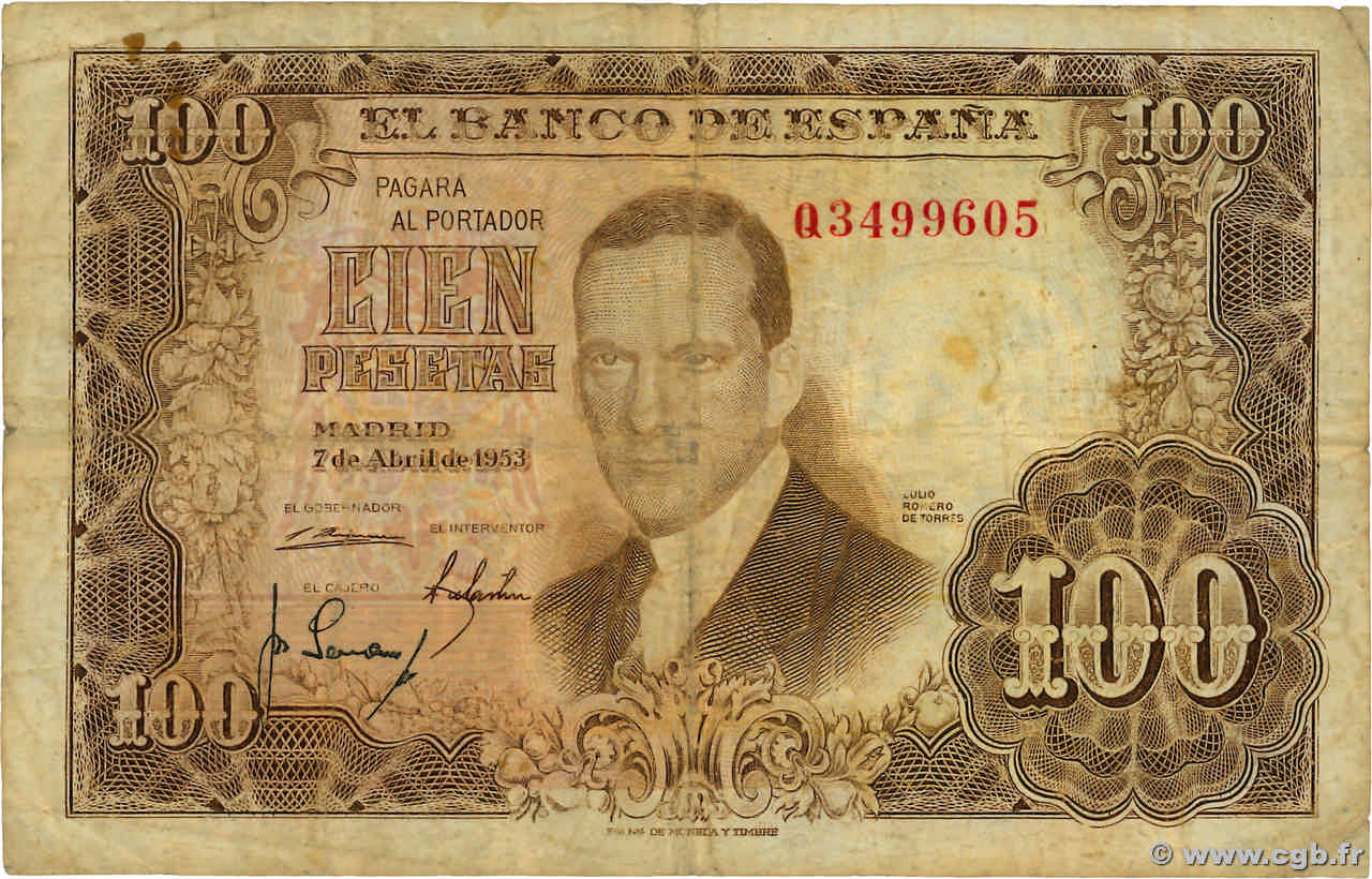 100 Pesetas ESPAGNE  1953 P.145 pr.TB