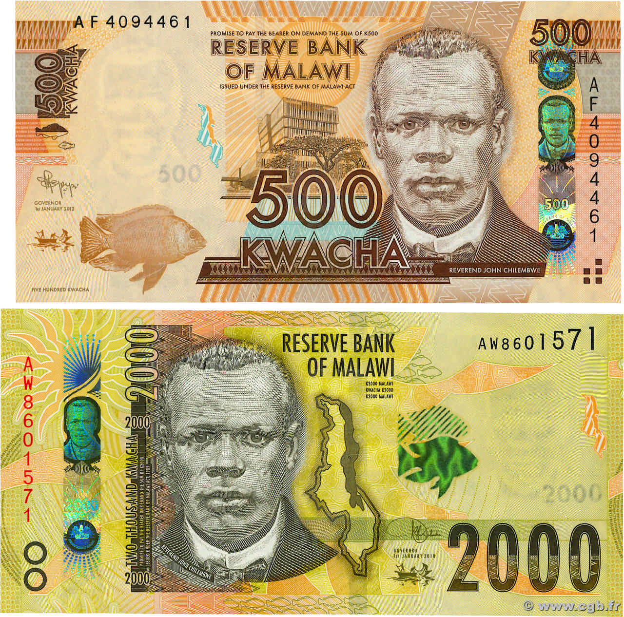 500 et 2000 Kwacha Lot MALAWI  2012 P.61 et P.69 UNC