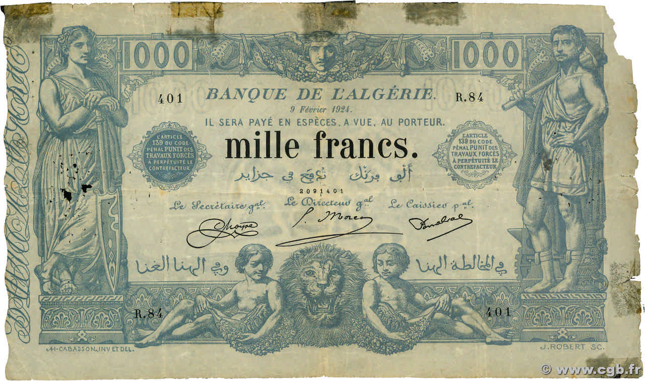 1000 Francs ALGERIA  1924 P.076b G