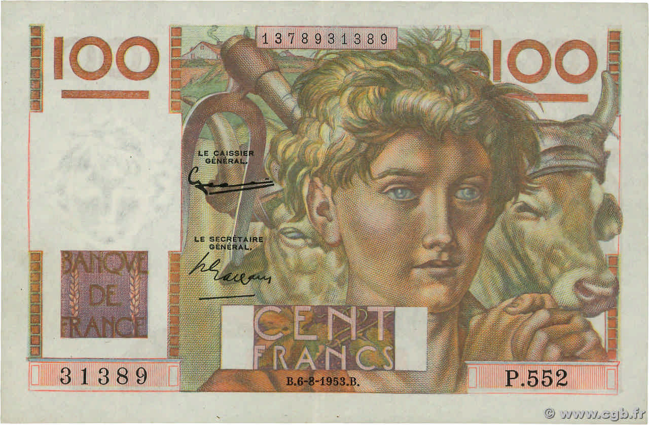 100 Francs JEUNE PAYSAN filigrane inversé FRANCE  1952 F.28bis.02 XF+