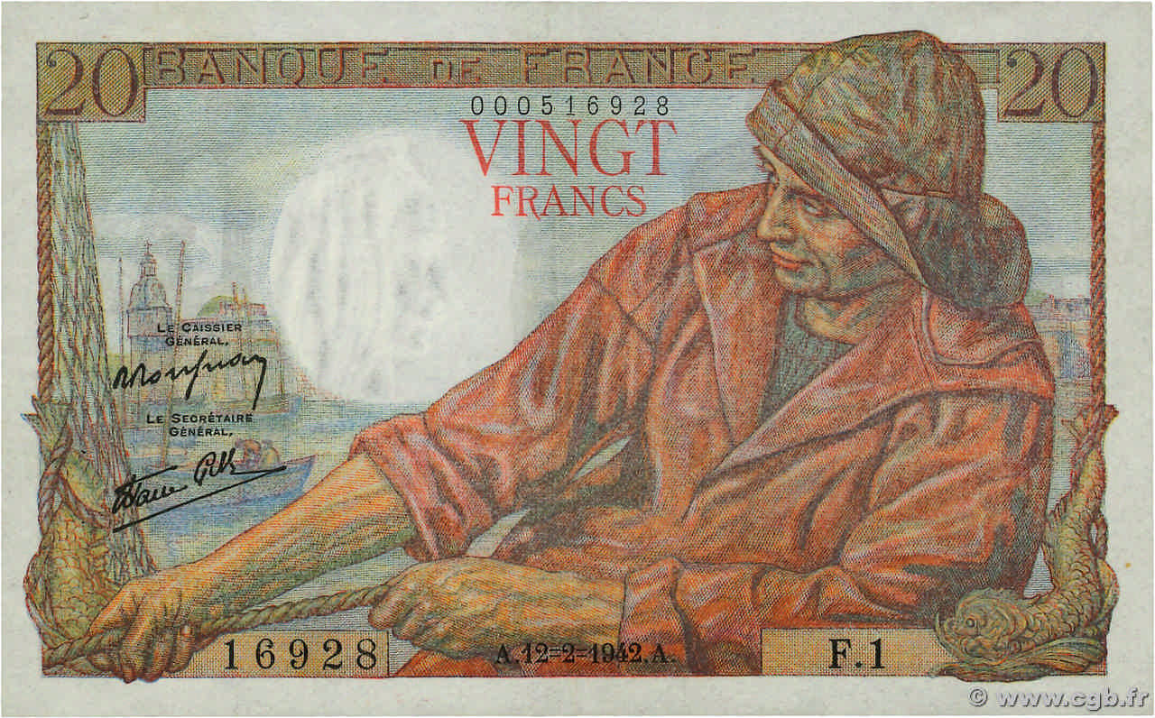 20 Francs PÊCHEUR FRANCE  1942 F.13.01 VF