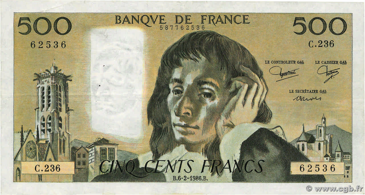 500 Francs PASCAL FRANCE  1986 F.71.34 F+