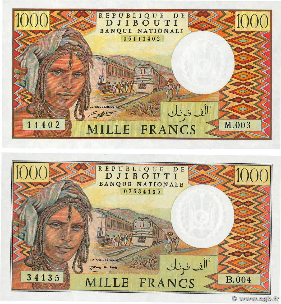 1000 Francs Lot DJIBOUTI  1991 P.37d et P.37e NEUF