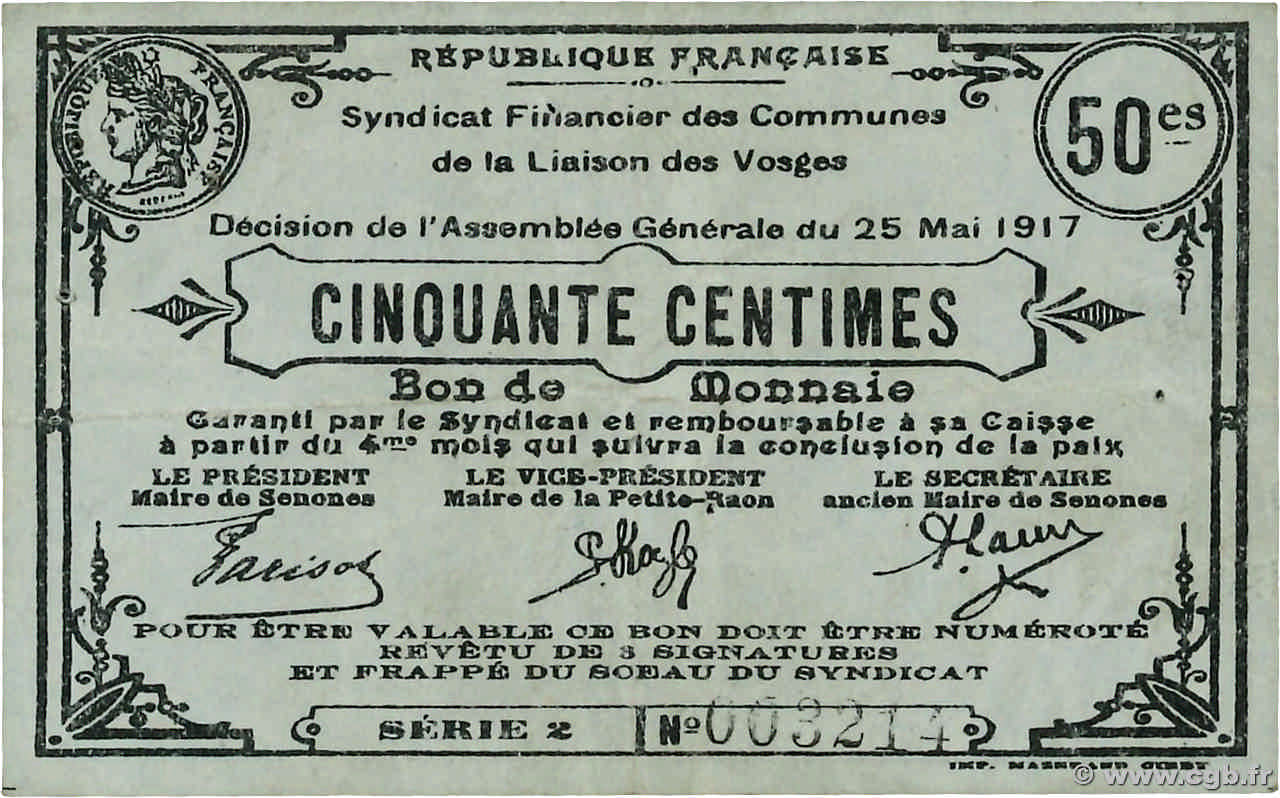 50 Centimes FRANCE regionalism and various Senones 1917 JP.88-082 VF