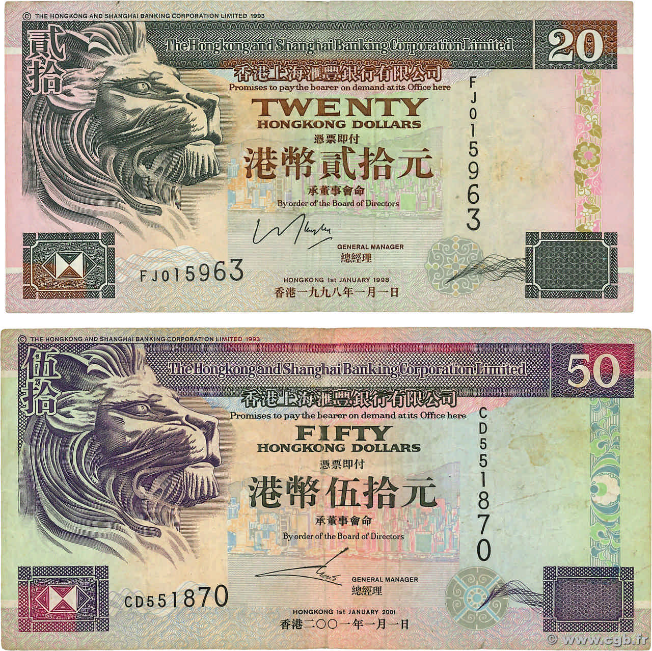 20 et 50 Dollars Lot HONG KONG  1998 P.201d et P.202d F