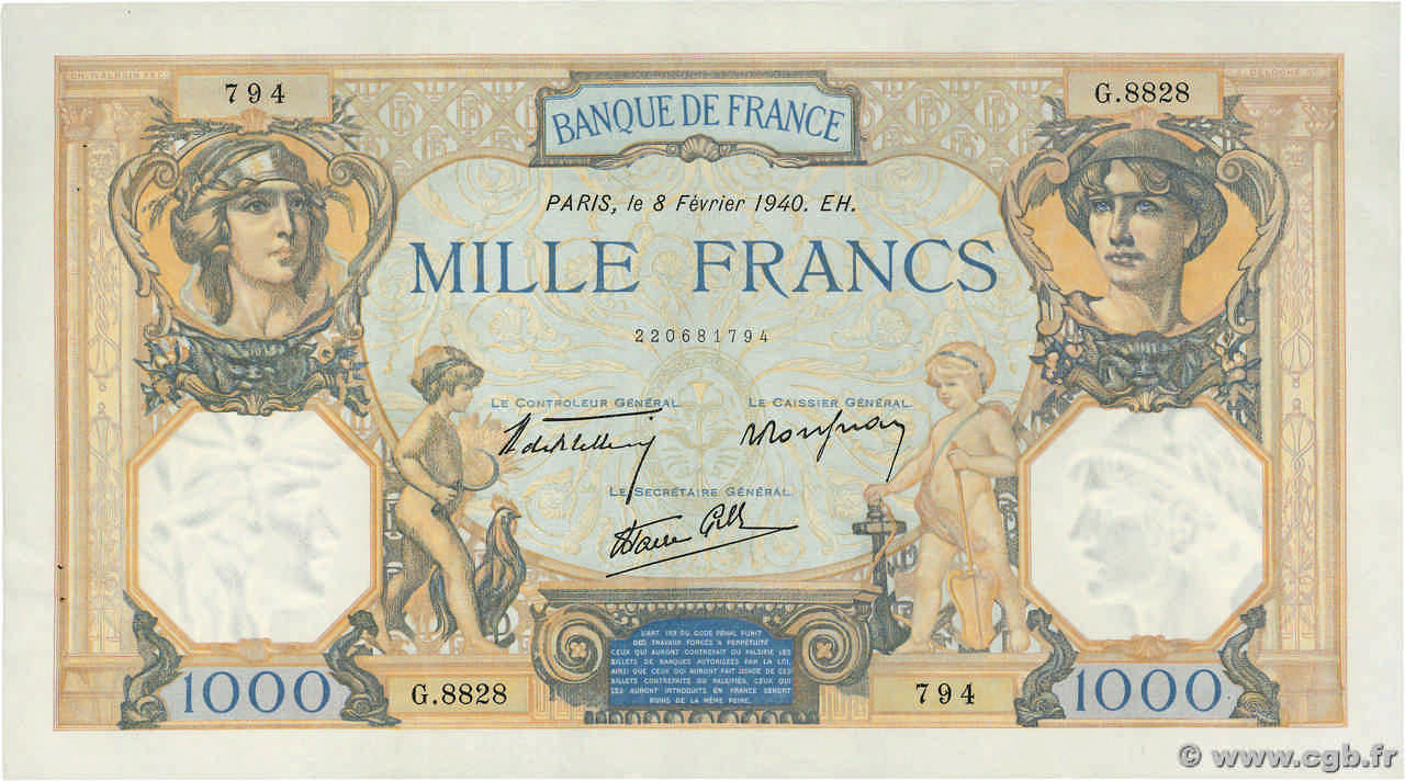 1000 Francs CÉRÈS ET MERCURE type modifié FRANCE  1940 F.38.42 XF+