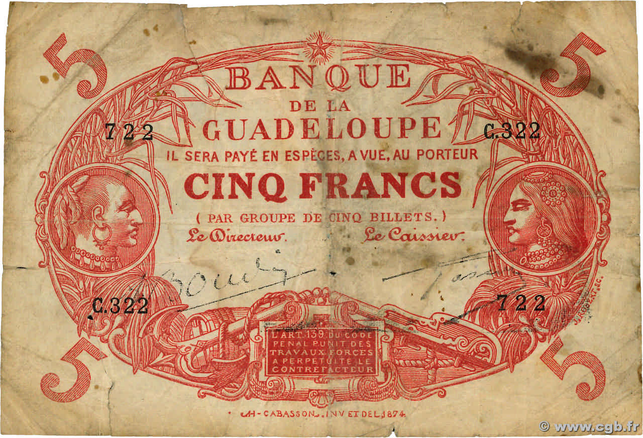 5 Francs Cabasson rouge GUADELOUPE  1945 P.07e pr.B