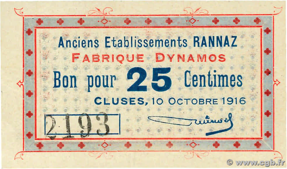 25 Centimes FRANCE regionalism and miscellaneous Cluses 1916 JP.74-21 AU