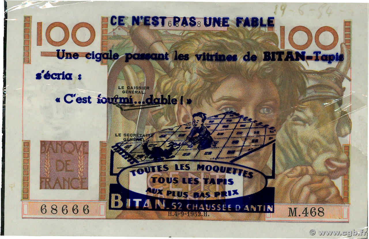 100 Francs JEUNE PAYSAN Publicitaire FRANCIA  1952 F.28.33 SPL
