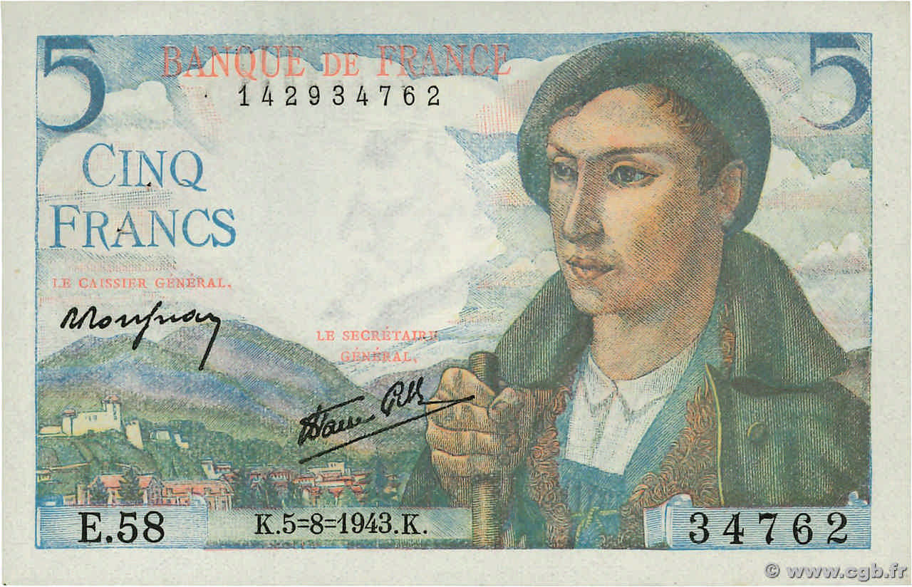 5 Francs BERGER FRANCE  1943 F.05.03 XF+