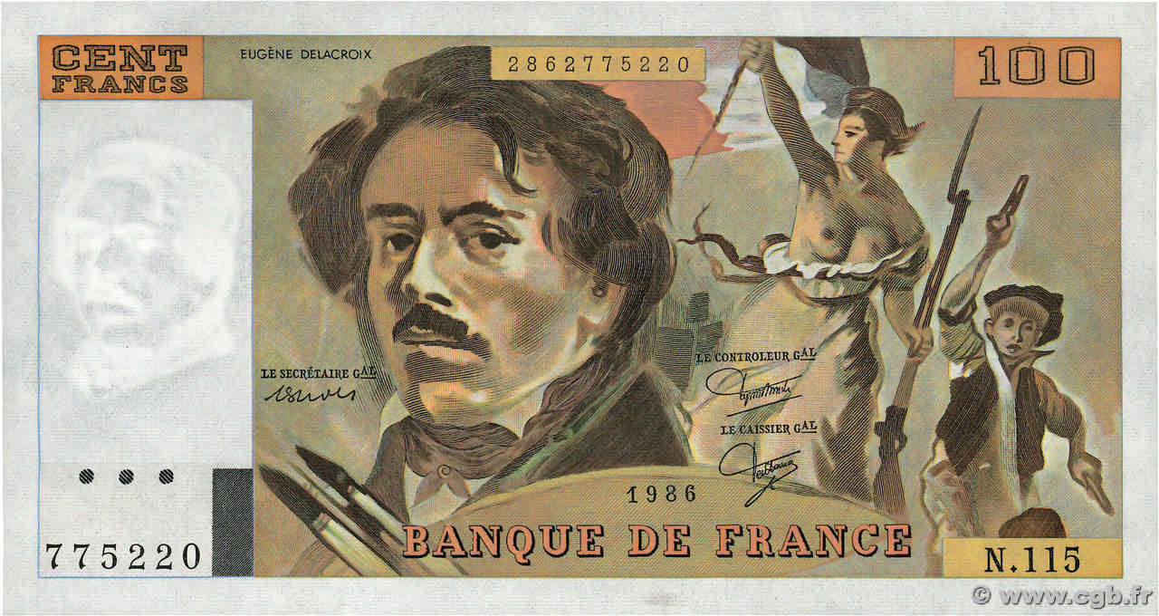 100 Francs DELACROIX modifié FRANCE  1986 F.69.10 SUP+