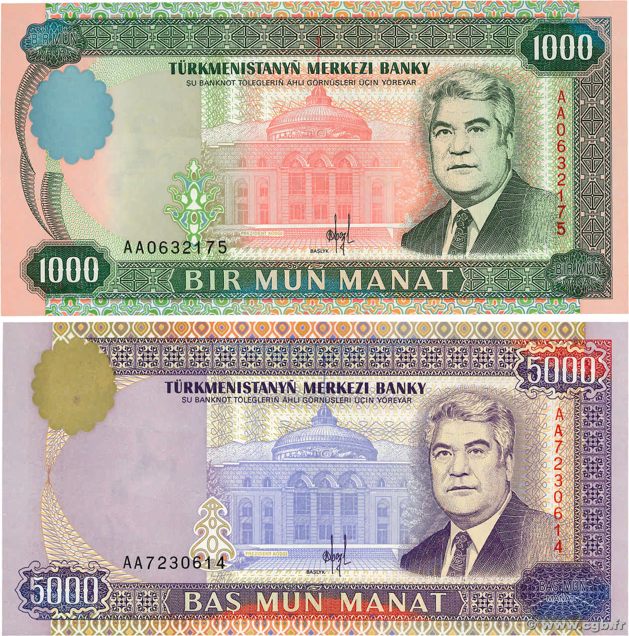 1000 et 5000 Manat Lot TURKMÉNISTAN  1996 P.08 et P.09 NEUF