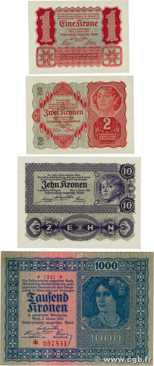 1, 2, 10 et 1000 Kronen Lot AUTRICHE  1922 P.073 au P.075 et P.078 NEUF