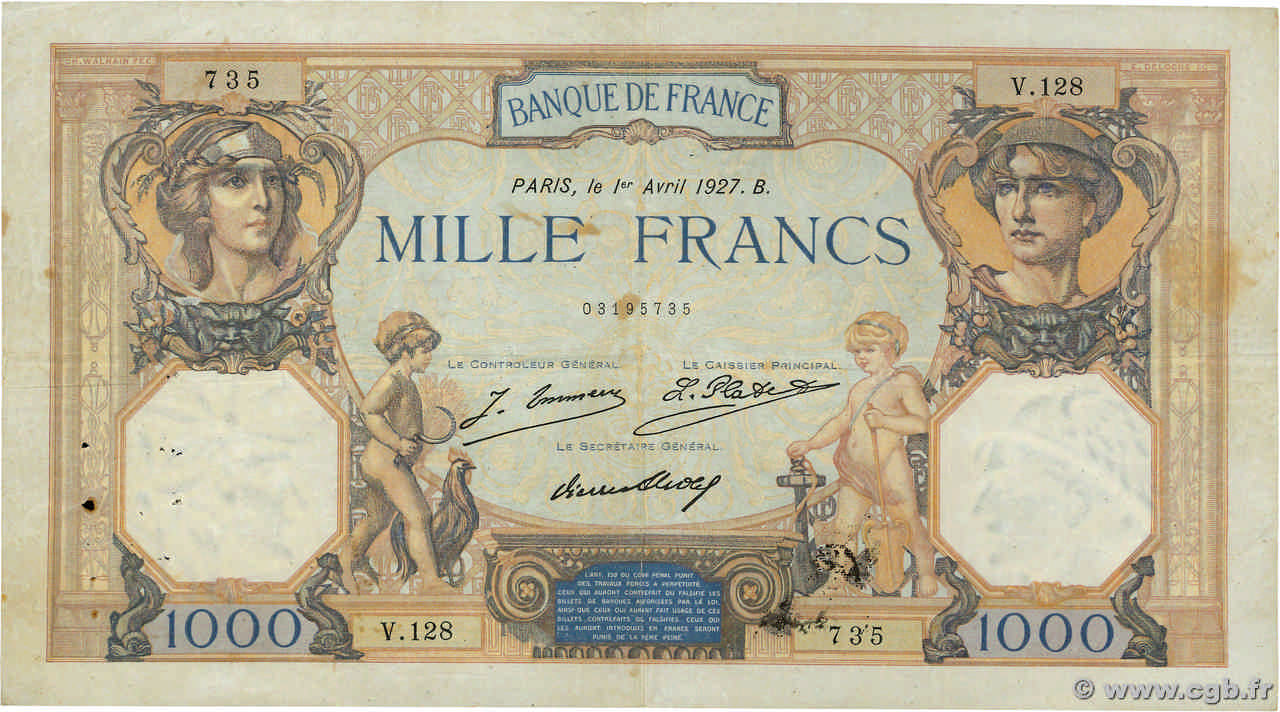 1000 Francs CÉRÈS ET MERCURE FRANCE  1927 F.37.01 TB