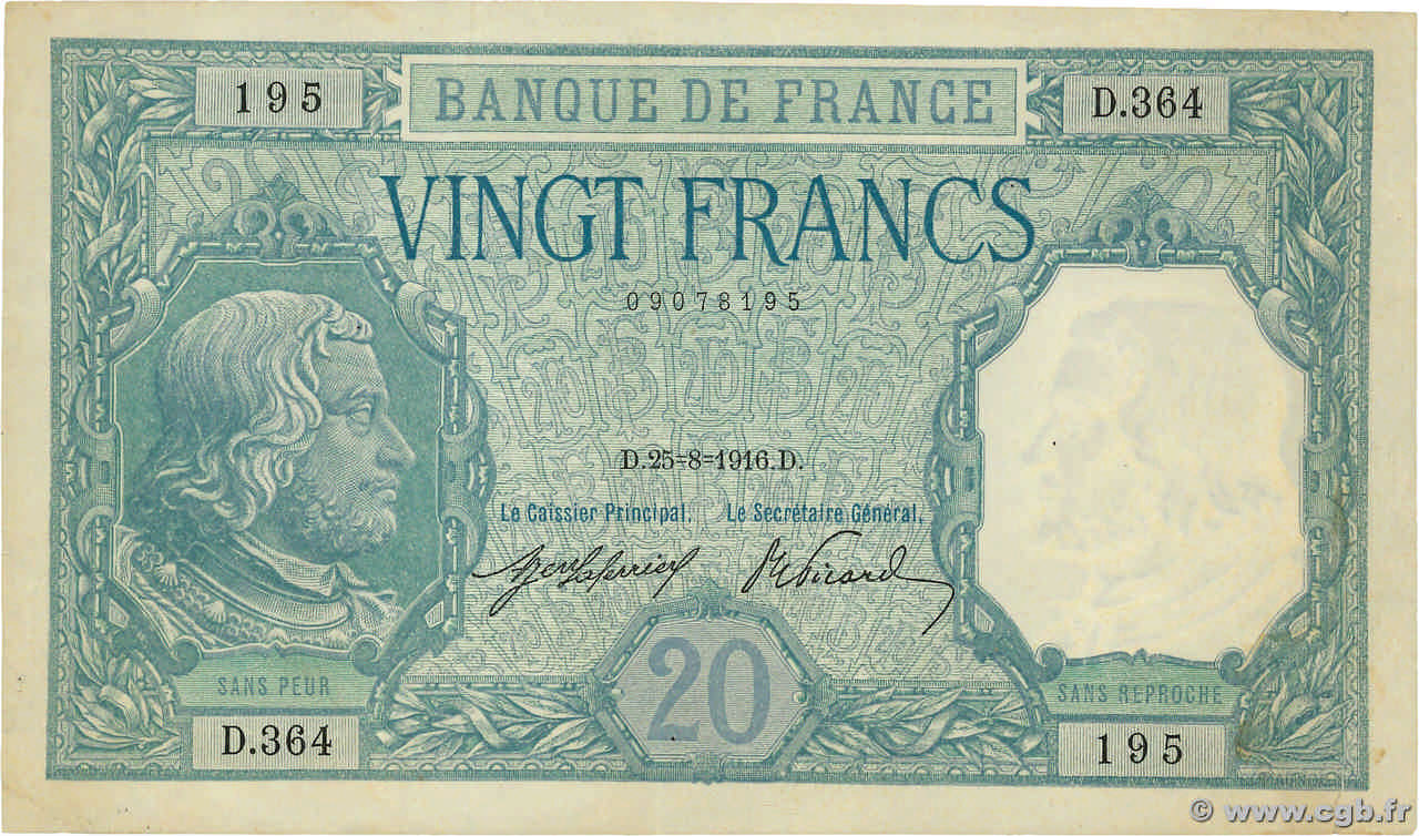 20 Francs BAYARD FRANCE  1916 F.11.01 TTB